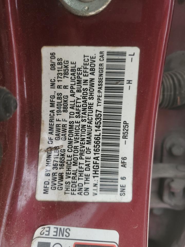 2006 Honda Civic Lx VIN: 1HGFA16566L148357 Lot: 53243865