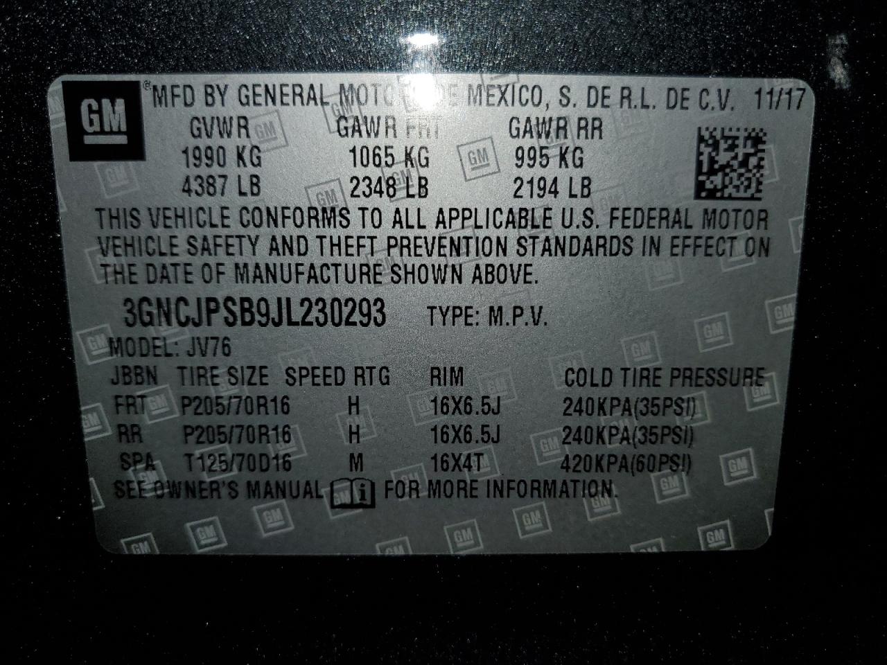 2018 Chevrolet Trax 1Lt VIN: 3GNCJPSB9JL230293 Lot: 54380095