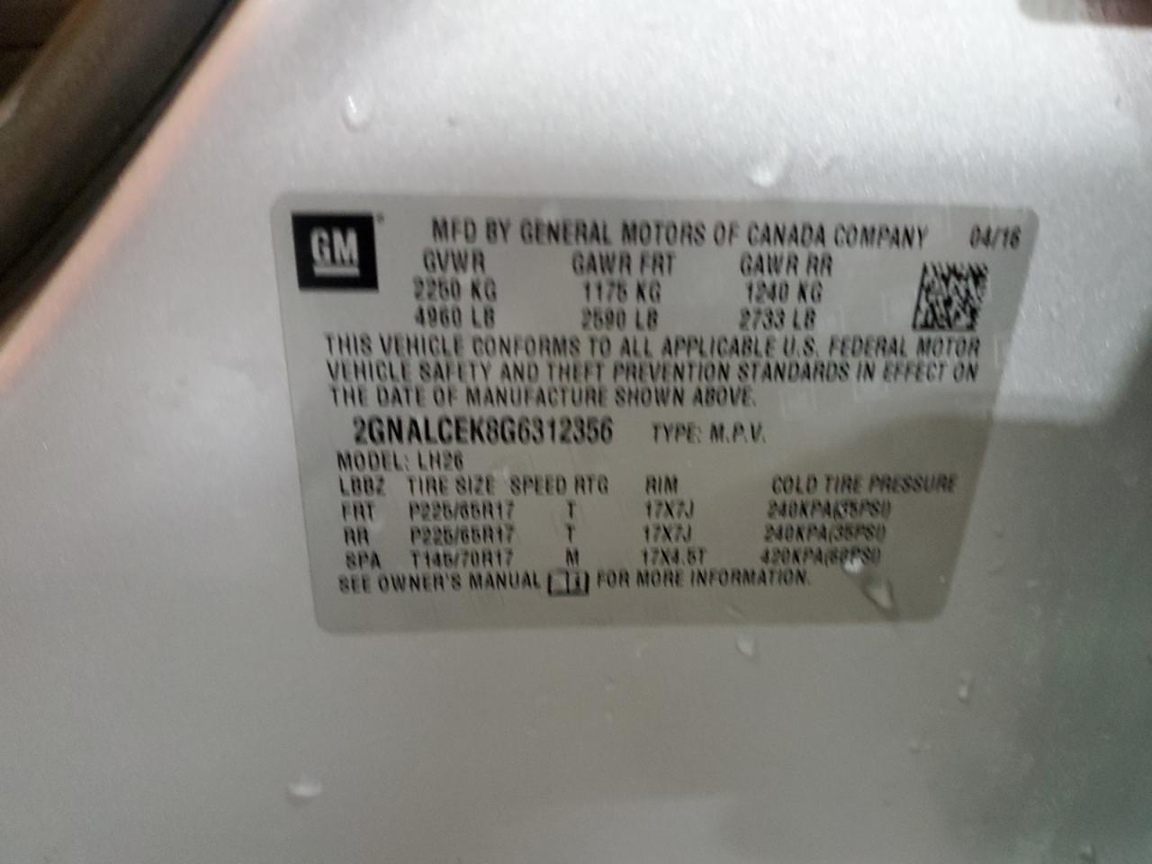 2gnalcek8g6312356 2GNALCEK8G6312356 2016 Chevrolet Equinox Lt