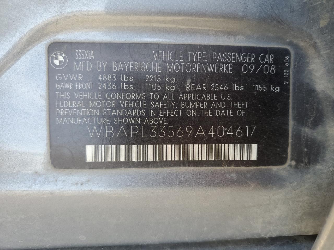 2009 BMW 335 Xi VIN: WBAPL33569A404617 Lot: 52187605