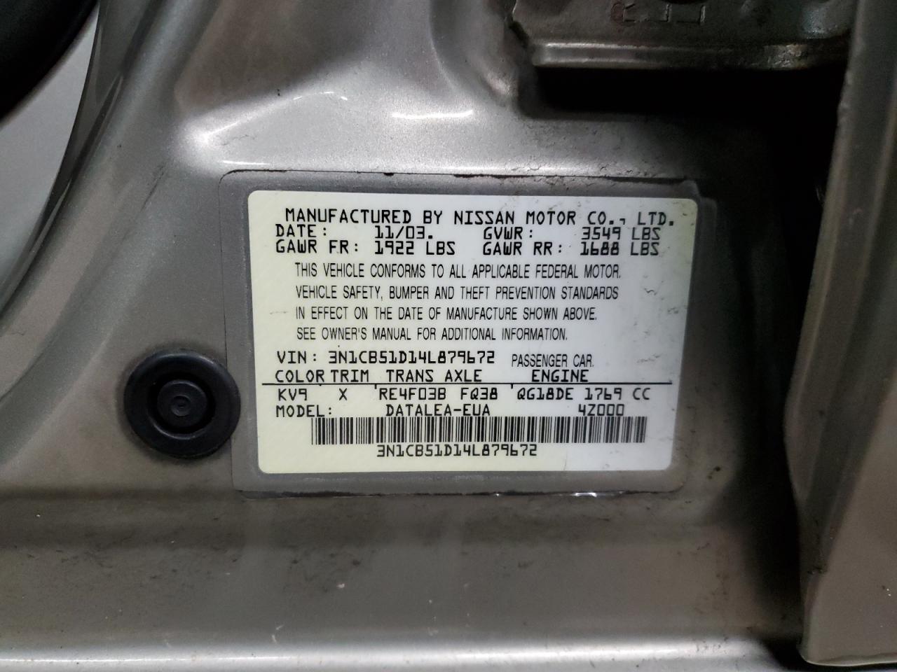 2004 Nissan Sentra 1.8 VIN: 3N1CB51D14L879672 Lot: 51684095