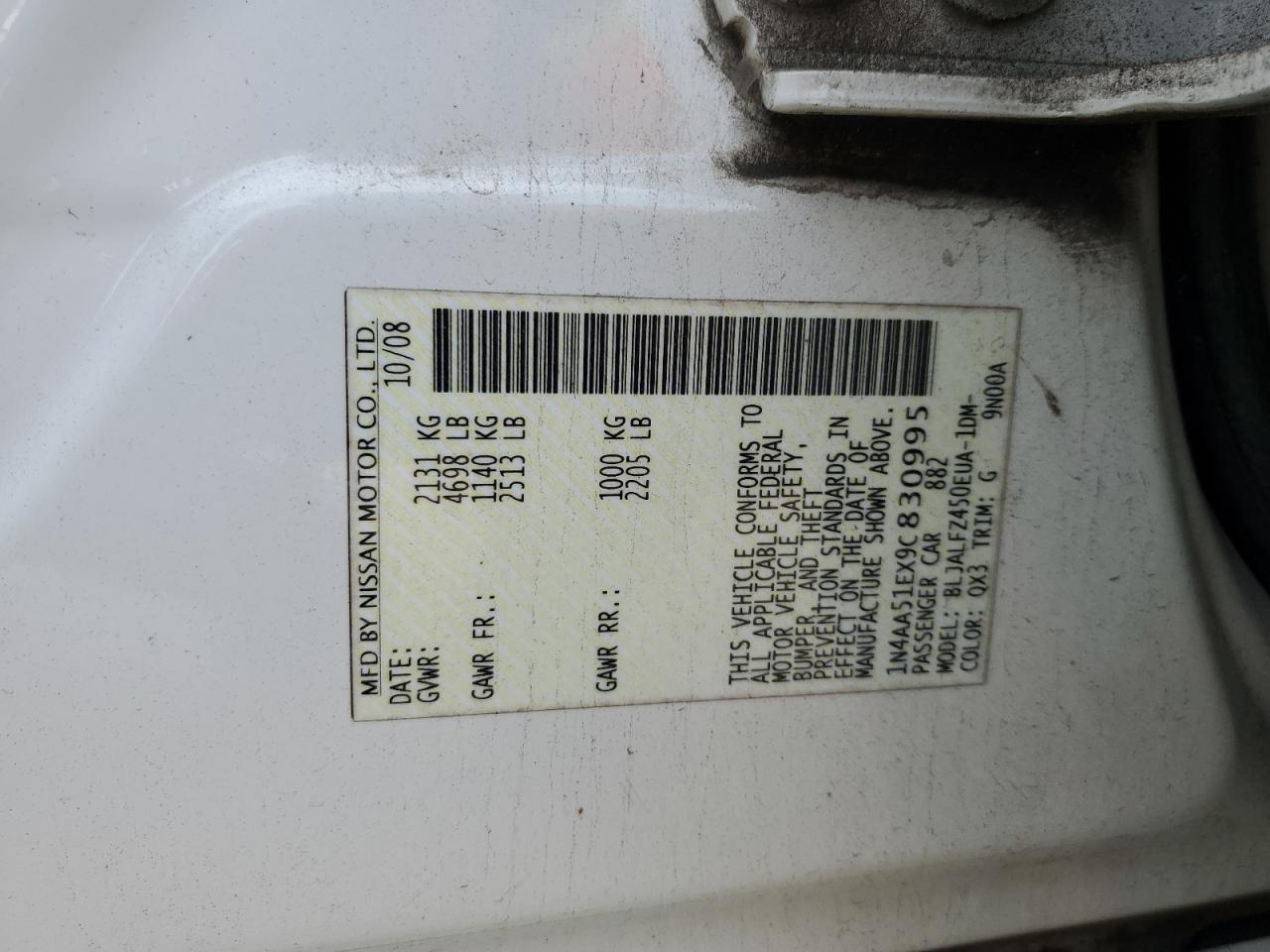 2009 Nissan Maxima S VIN: 1N4AA51EX9C830995 Lot: 55280635