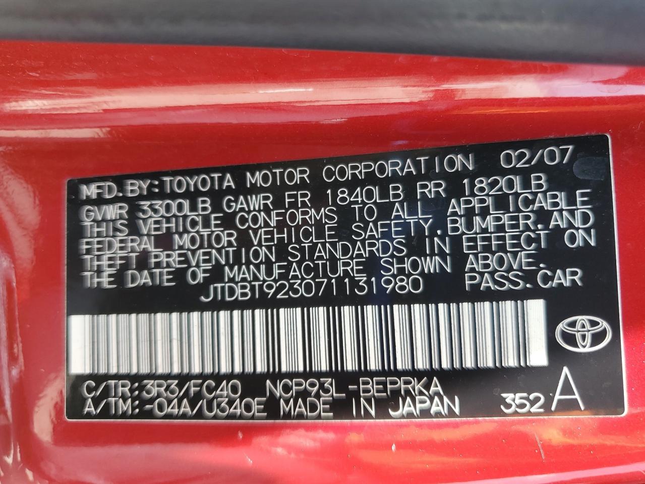 2007 Toyota Yaris VIN: JTDBT923071131980 Lot: 54152075