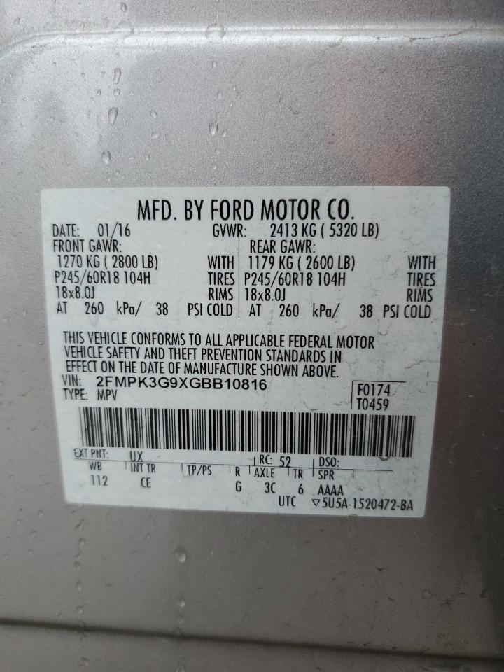 2016 Ford Edge Se VIN: 2FMPK3G9XGBB10816 Lot: 51683435