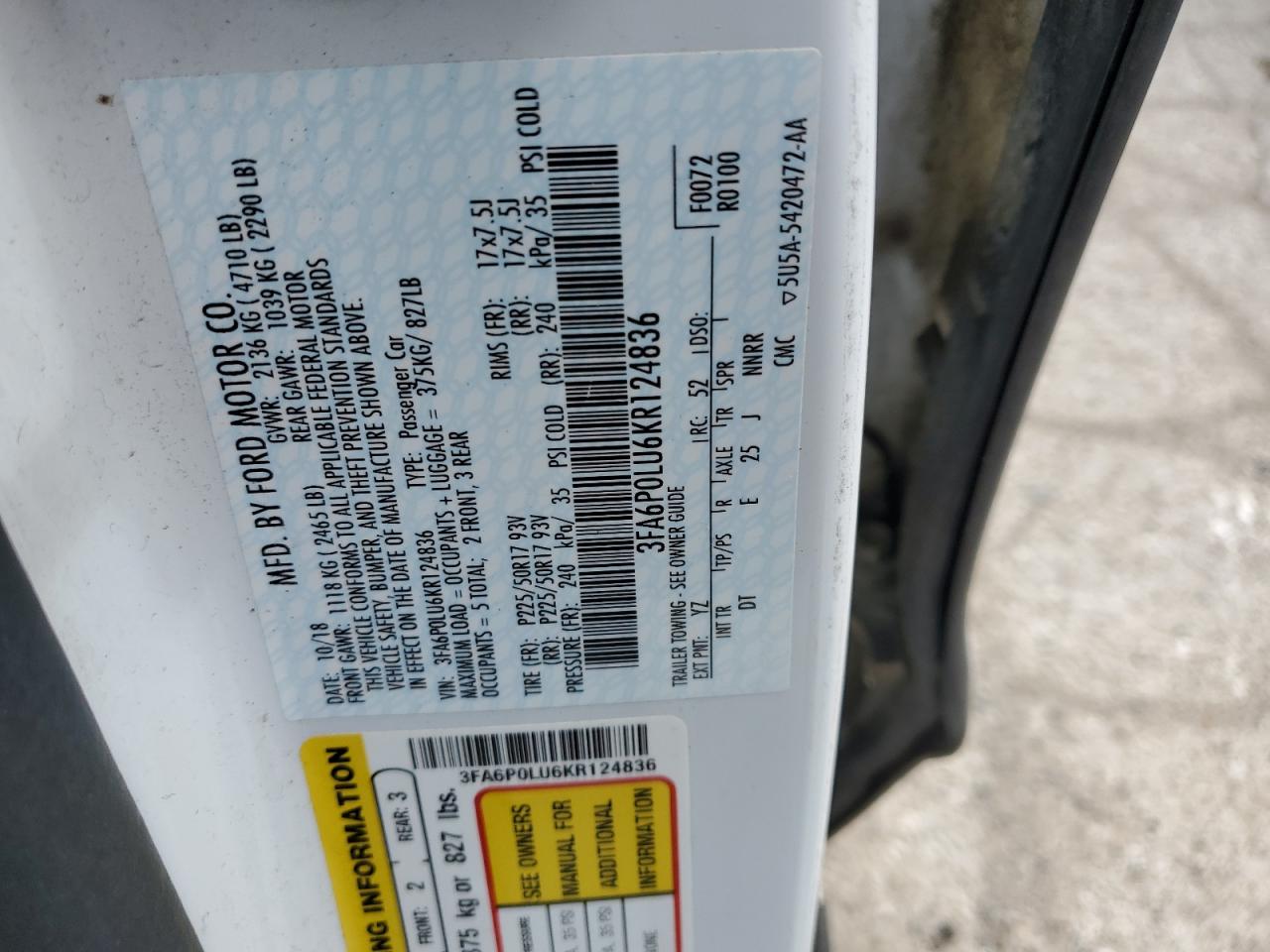 2019 Ford Fusion Se VIN: 3FA6P0LU6KR124836 Lot: 54030045