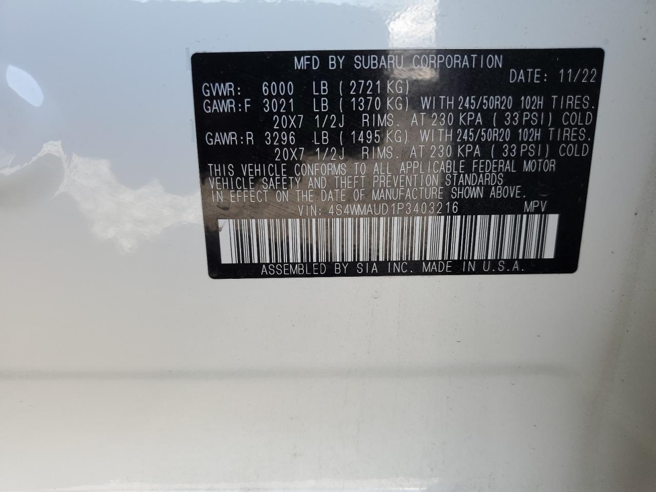 2023 Subaru Ascent Limited VIN: 4S4WMAUD1P3403216 Lot: 51234165