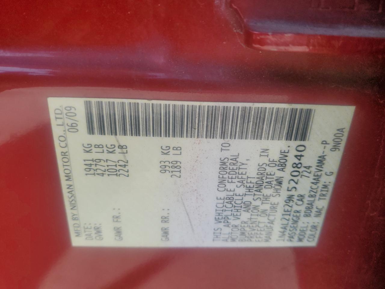 NISSAN ALTIMA 2009 VIN 1N4AL21E29N520840 фото 12