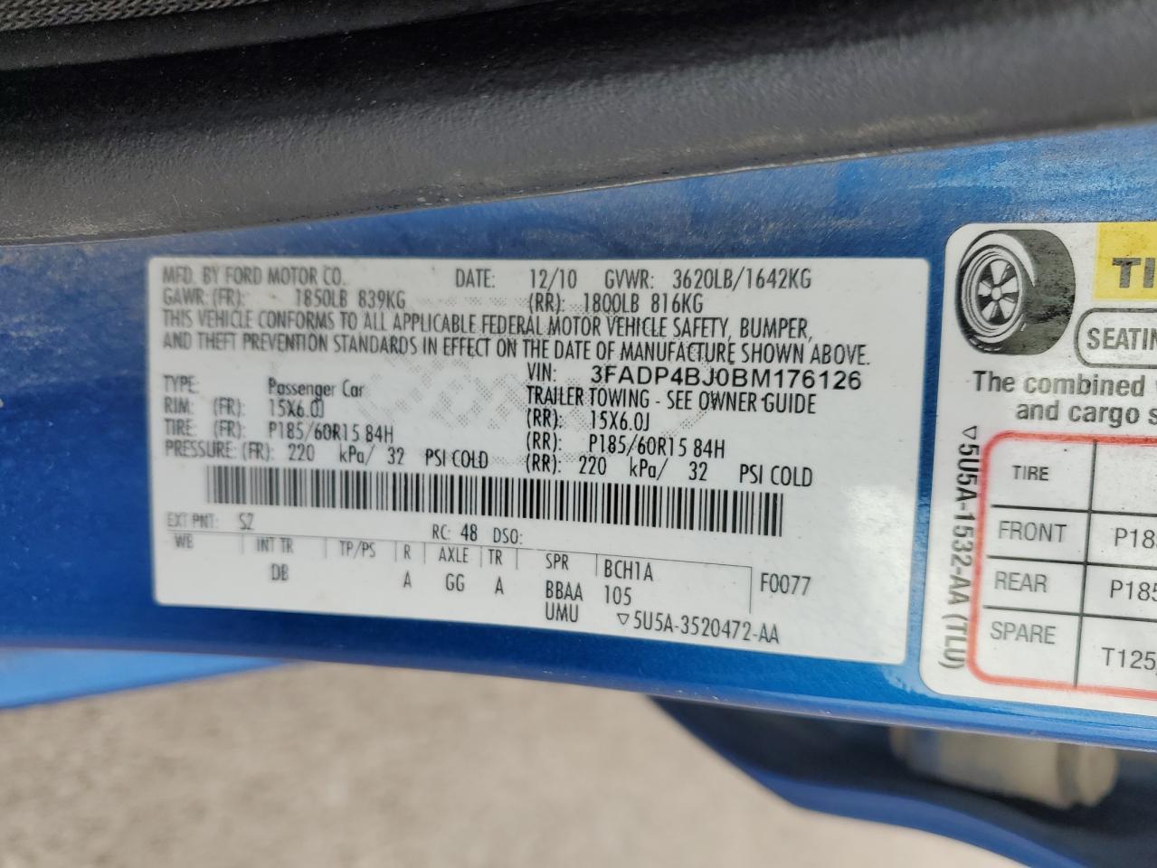 2011 Ford Fiesta Se VIN: 3FADP4BJ0BM176126 Lot: 54799205