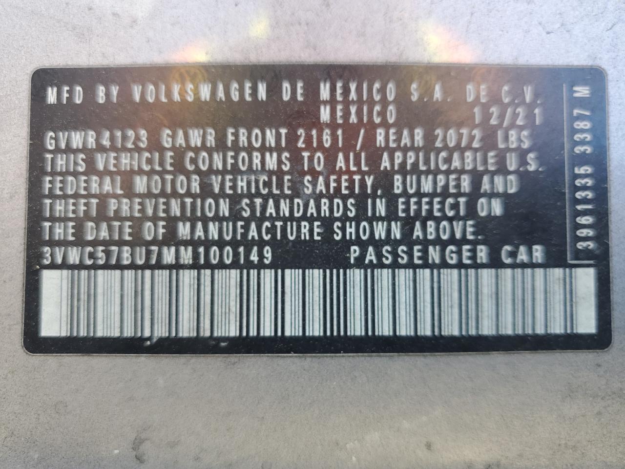 2021 Volkswagen Jetta S VIN: 3VWC57BU7MM100149 Lot: 52560645