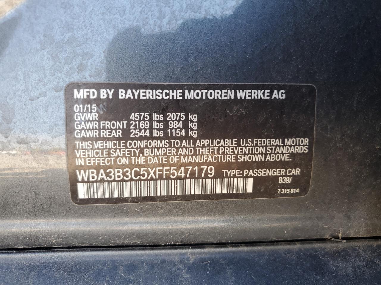 2015 BMW 328 Xi VIN: WBA3B3C5XFF547179 Lot: 54236965