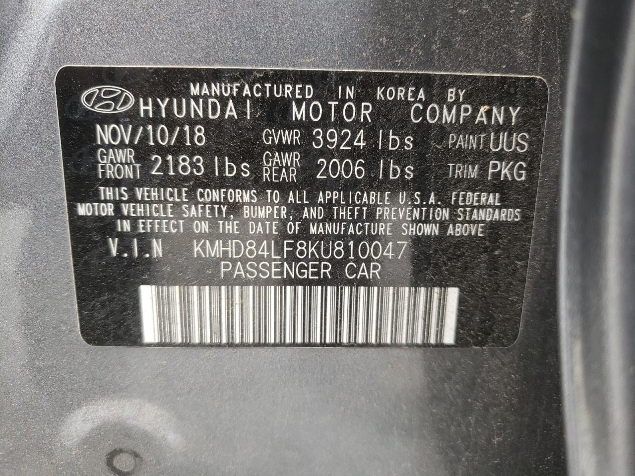 2019 Hyundai Elantra Sel VIN: KMHD84LF8KU810047 Lot: 54750215