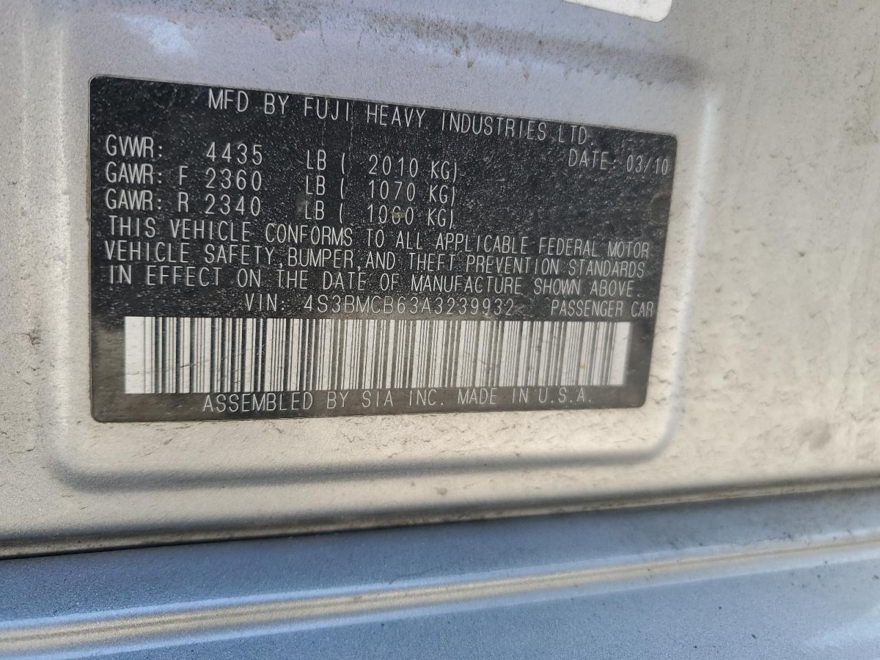 2010 Subaru Legacy 2.5I Premium VIN: 4S3BMCB63A3239932 Lot: 52639905