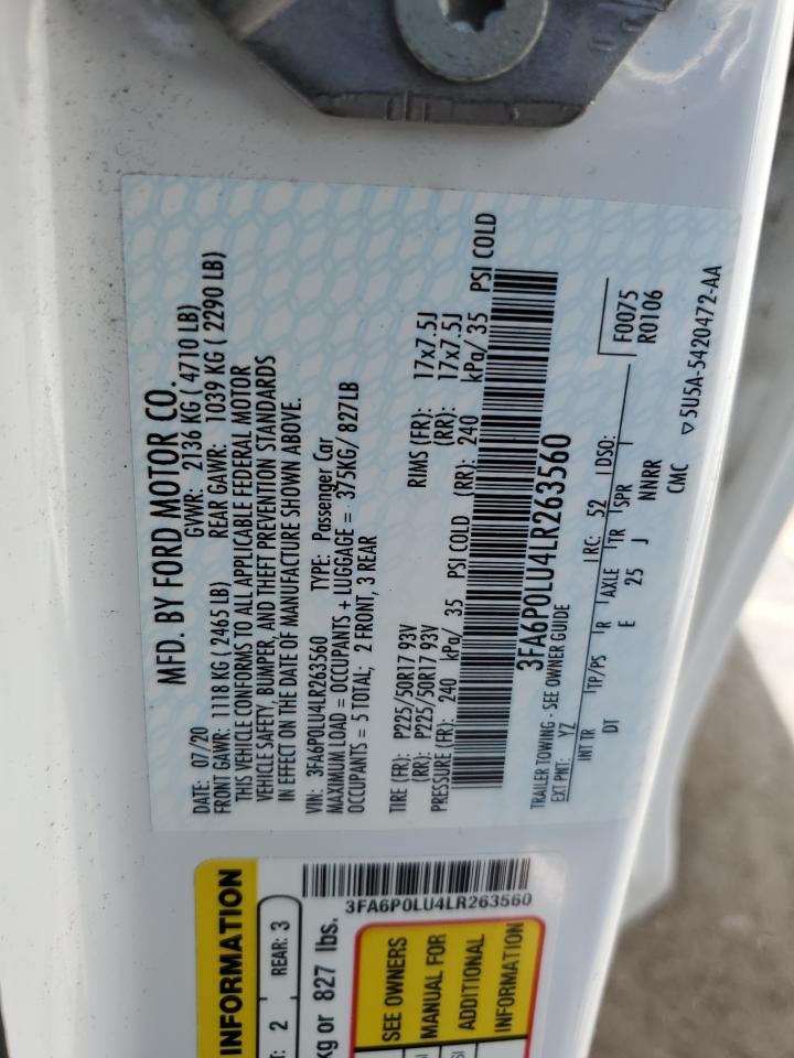 2020 Ford Fusion Se VIN: 3FA6P0LU4LR263560 Lot: 54024695