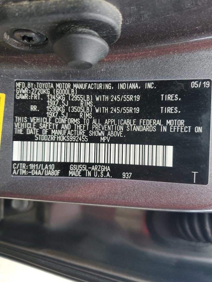 2019 Toyota Highlander Limited VIN: 5TDDZRFH0KS992455 Lot: 54707655