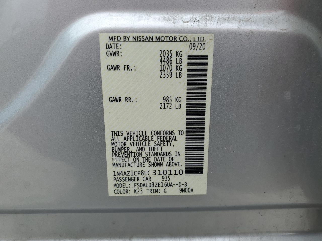2020 Nissan Leaf Sv VIN: 1N4AZ1CP8LC310110 Lot: 54970945