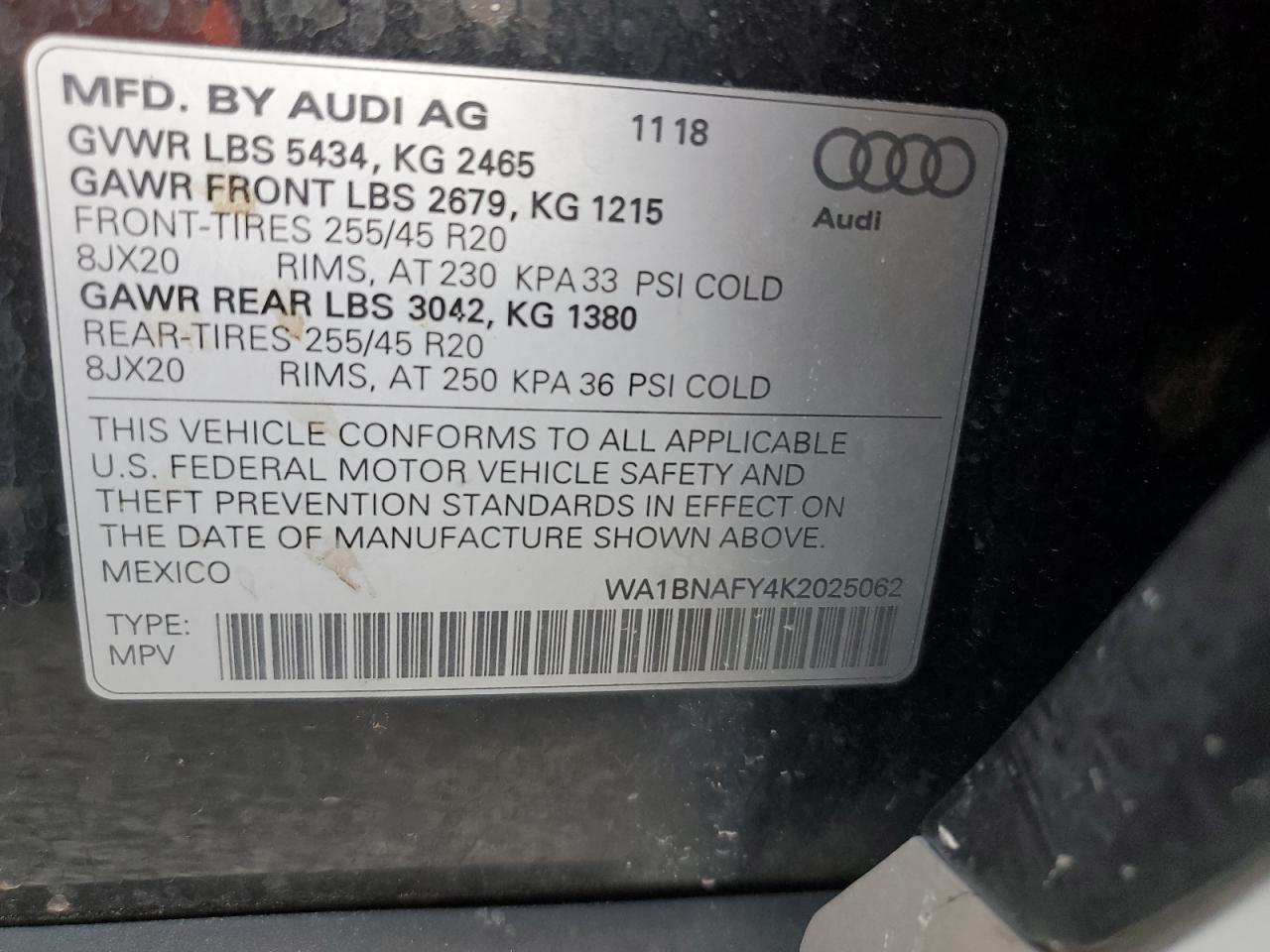 wa1bnafy4k2025062 WA1BNAFY4K2025062 2019 Audi Q5 Premium Plus