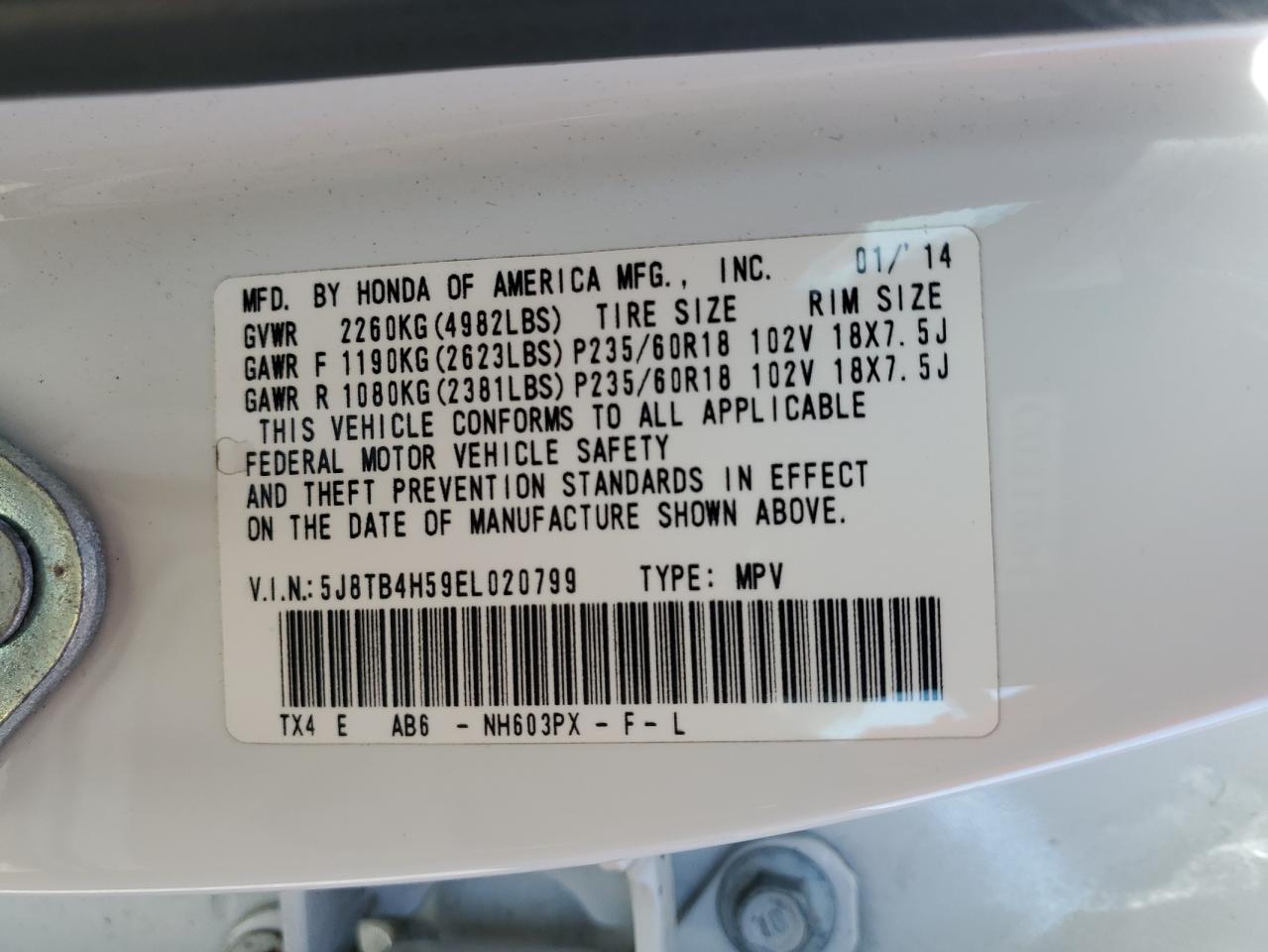 2014 Acura Rdx Technology VIN: 5J8TB4H59EL020799 Lot: 54353515