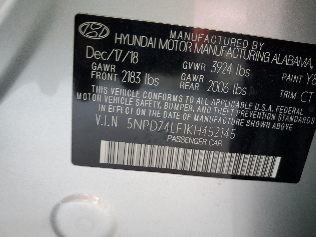2019 Hyundai Elantra Se VIN: 5NPD74LF1KH452145 Lot: 53809175