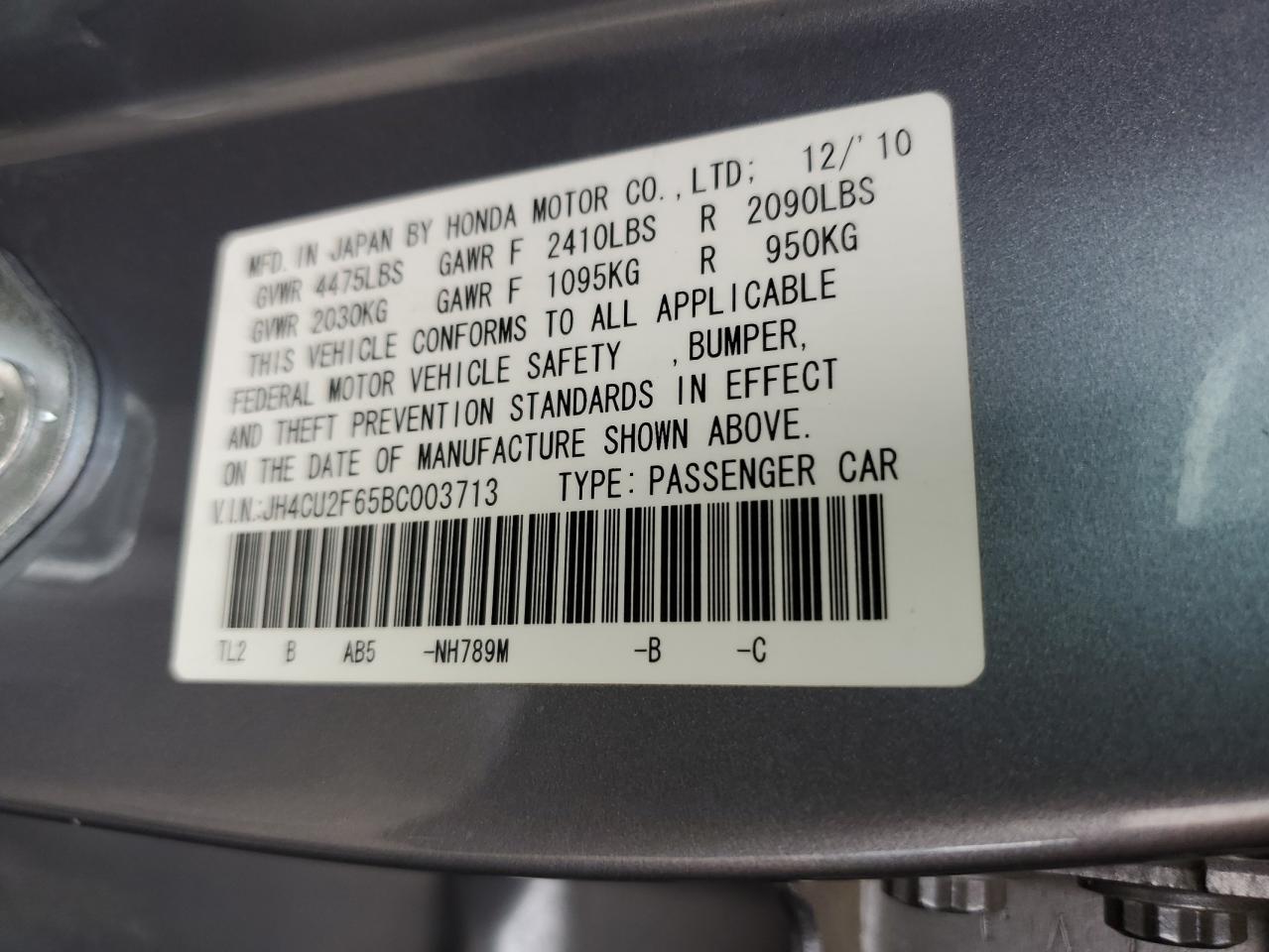 2011 Acura Tsx VIN: JH4CU2F65BC003713 Lot: 53680725
