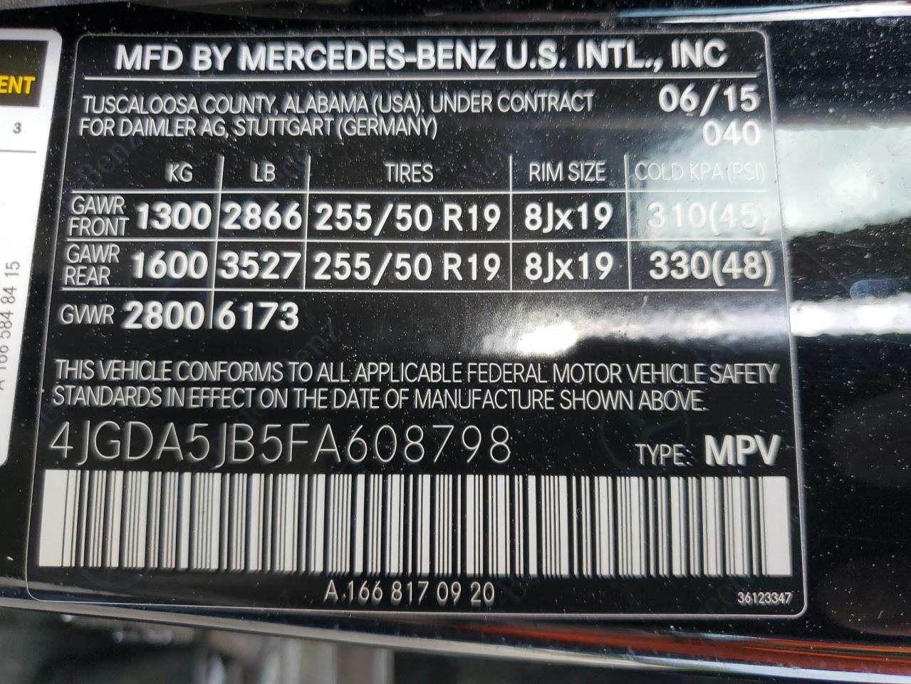 2015 Mercedes-Benz Ml 350 VIN: 4JGDA5JB5FA608798 Lot: 53457095