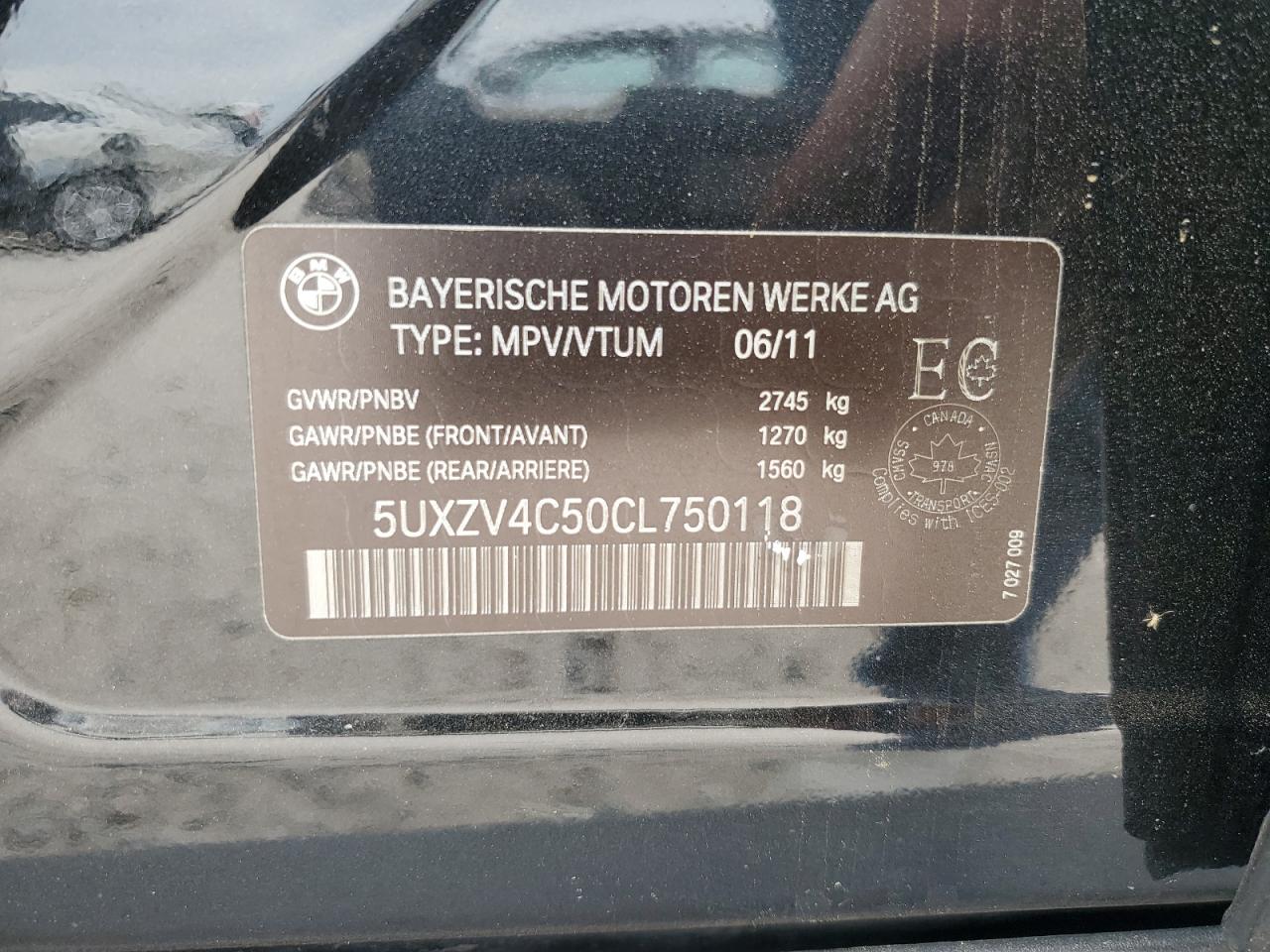 2012 BMW X5 xDrive35I VIN: 5UXZV4C50CL750118 Lot: 53302375