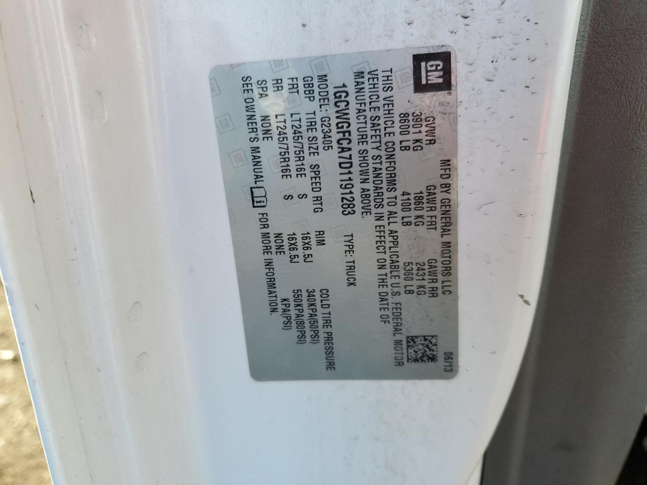 2013 Chevrolet Express G2500 VIN: 1GCWGFCA7D1191283 Lot: 52378535