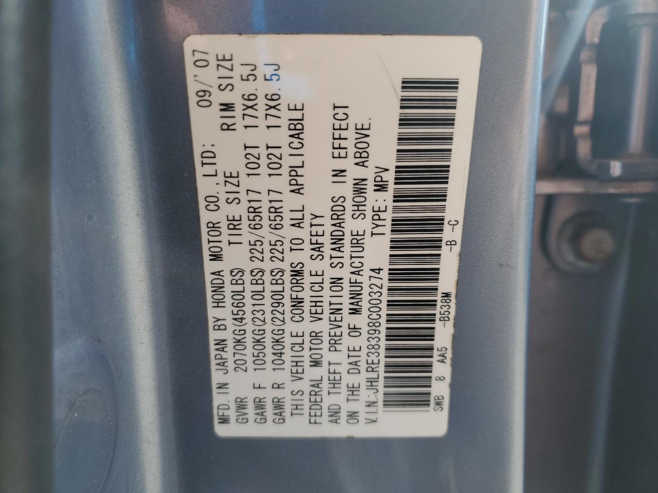 2008 Honda Cr-V Lx VIN: JHLRE38398C003274 Lot: 53108155