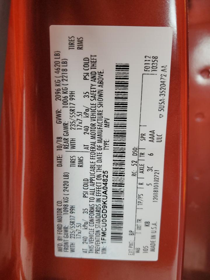 2019 Ford Escape Se VIN: 1FMCU0GD9KUA04825 Lot: 54430945