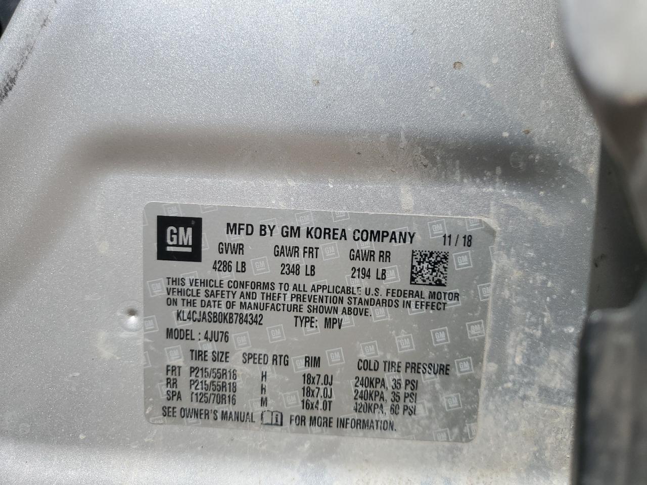 2019 Buick Encore Preferred VIN: KL4CJASB0KB784342 Lot: 52996285