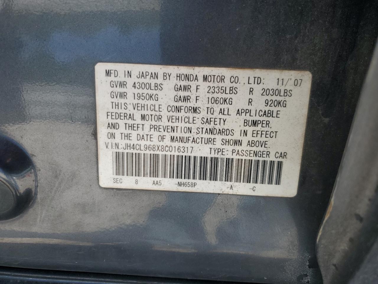 2008 Acura Tsx VIN: JH4CL968X8C016317 Lot: 53555215