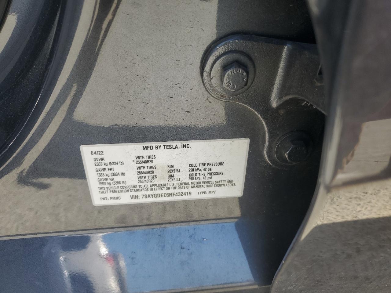 2022 Tesla Model Y VIN: 7SAYGDEE6NF432419 Lot: 54104475
