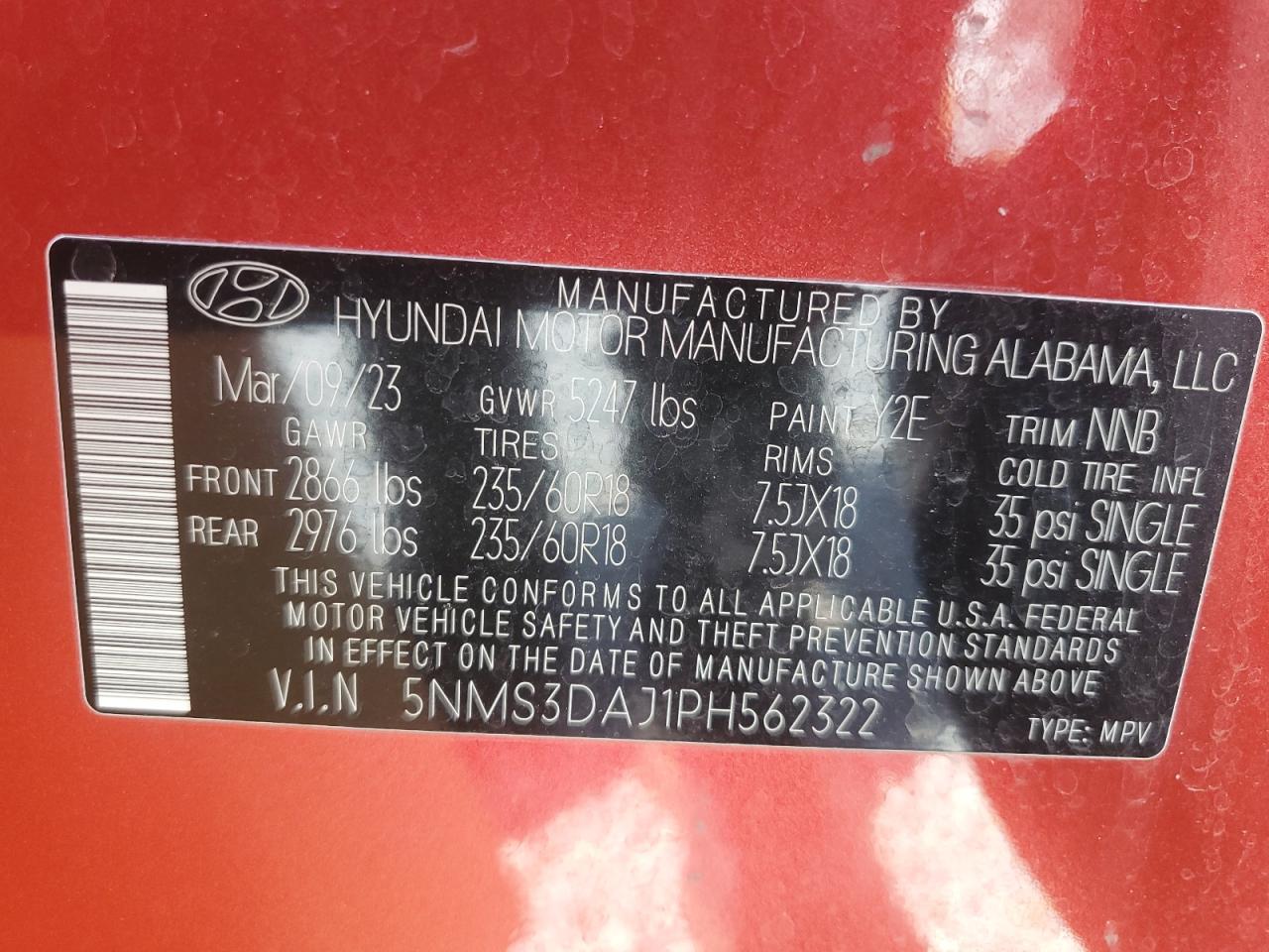 2023 Hyundai Santa Fe Sel Premium VIN: 5NMS3DAJ1PH562322 Lot: 54715125