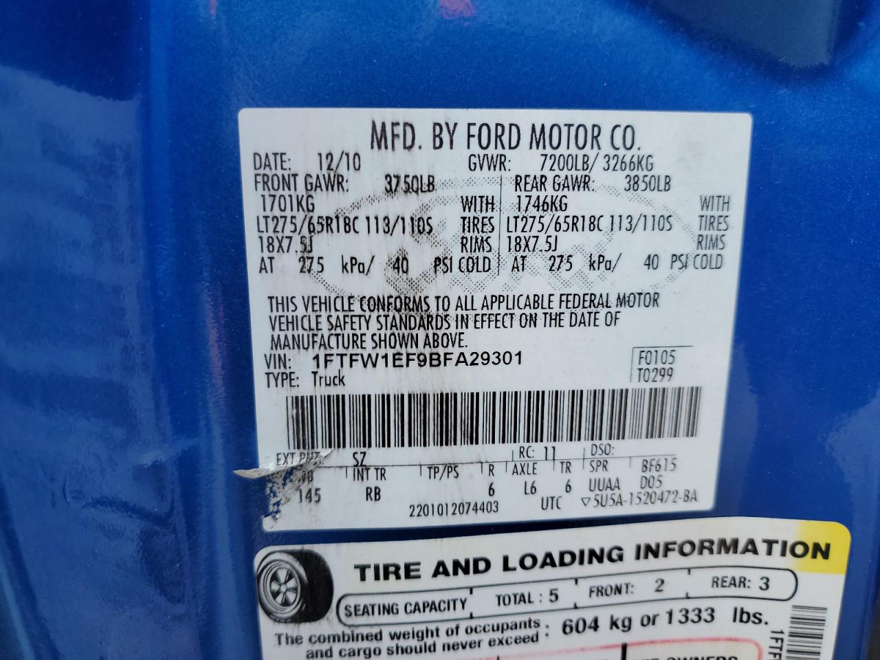 2011 Ford F150 Supercrew VIN: 1FTFW1EF9BFA29301 Lot: 51684065