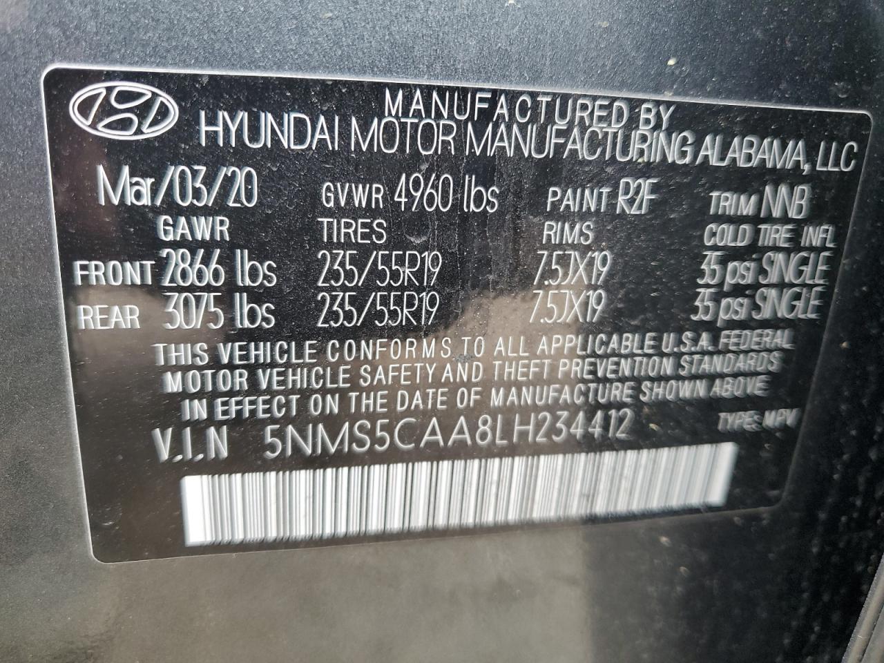 2020 Hyundai Santa Fe Limited VIN: 5NMS5CAA8LH234412 Lot: 53755275
