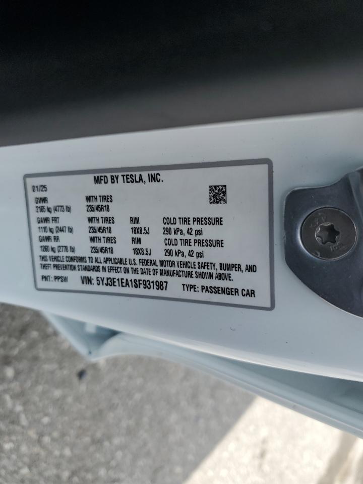2025 Tesla Model 3 VIN: 5YJ3E1EA1SF931987 Lot: 51648775