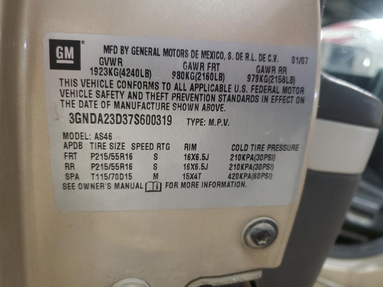2007 Chevrolet Hhr Lt VIN: 3GNDA23D37S600319 Lot: 51060585