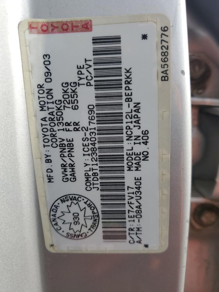 2004 Toyota Echo VIN: JTDBT123840317690 Lot: 51528355