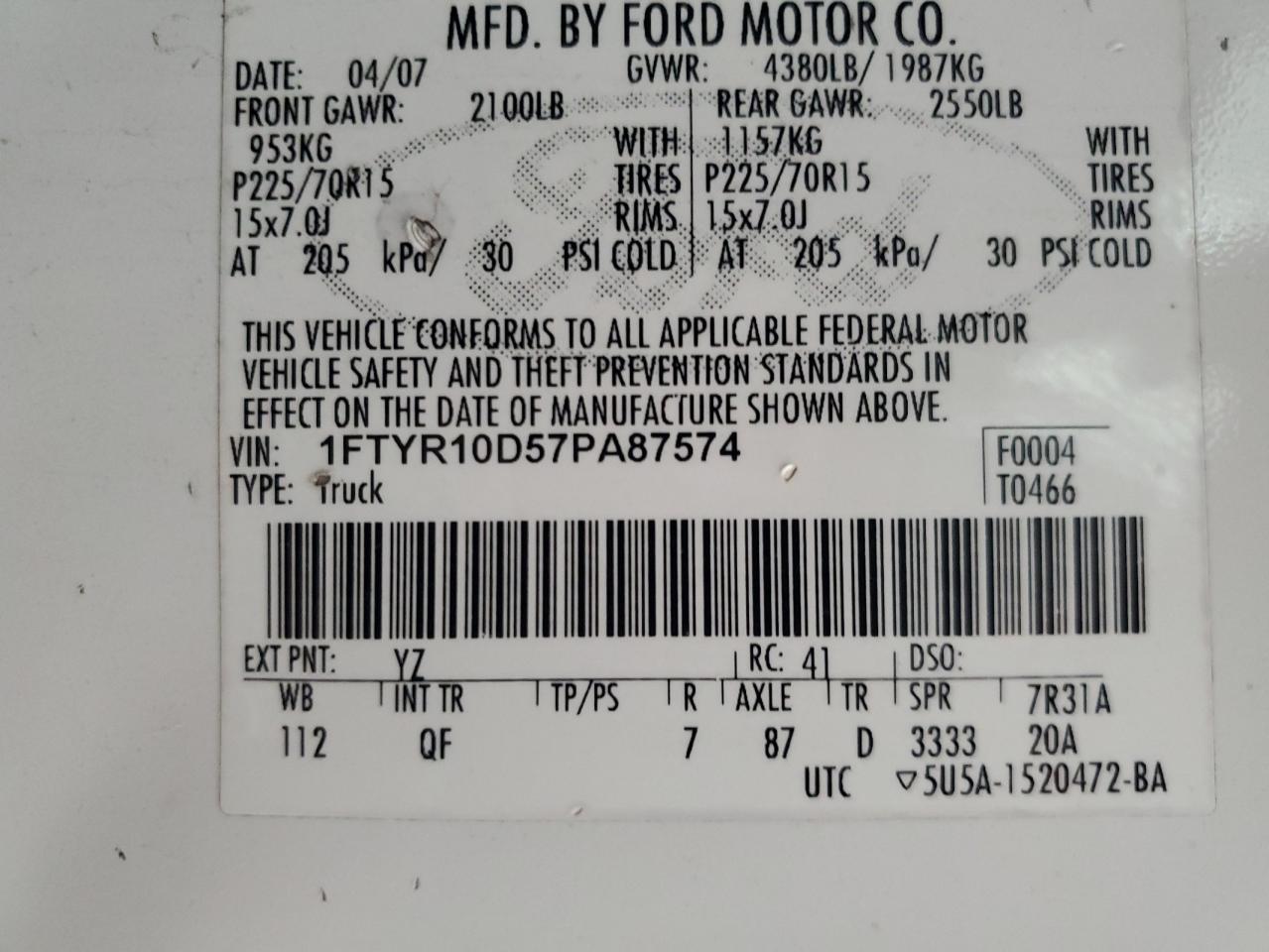 2007 Ford Ranger VIN: 1FTYR10D57PA87574 Lot: 54878985