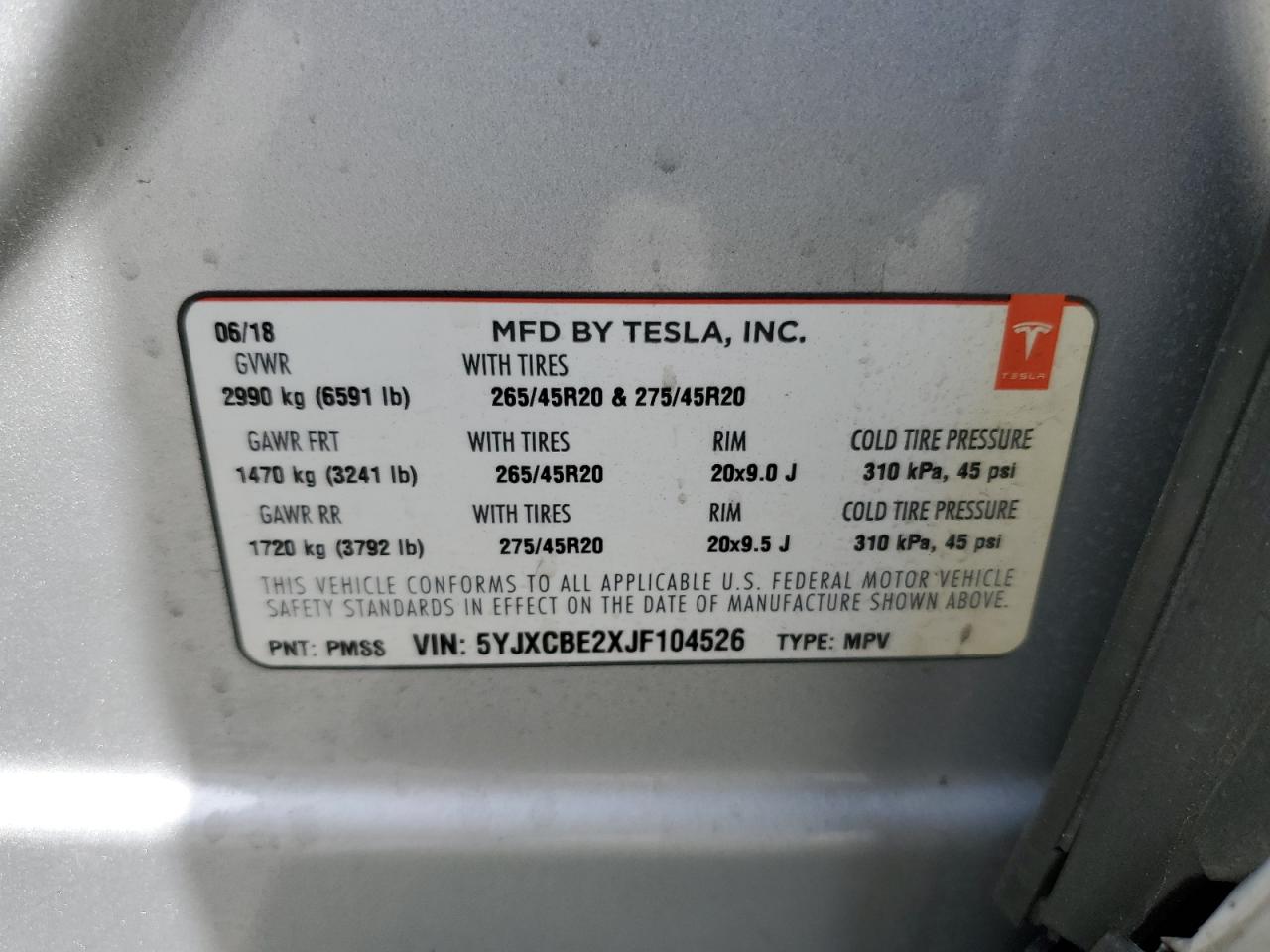 2018 Tesla Model X VIN: 5YJXCBE2XJF104526 Lot: 52934835
