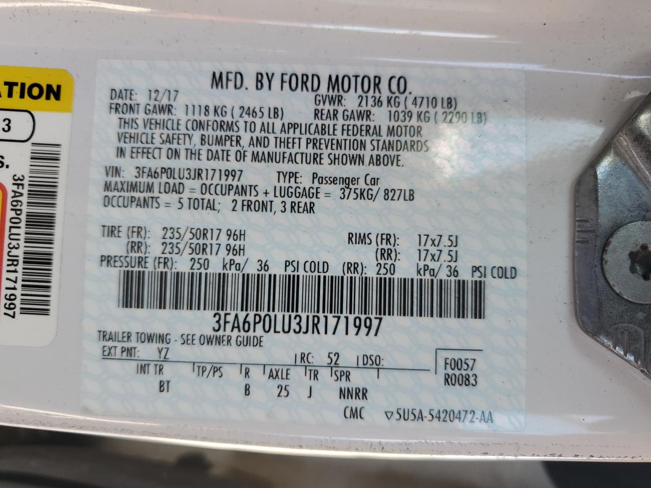 2018 Ford Fusion Se Hybrid VIN: 3FA6P0LU3JR171997 Lot: 54032955