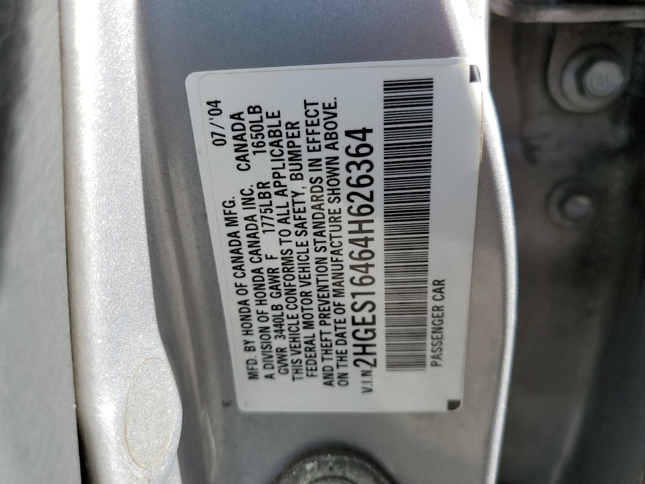 2004 Honda Civic Dx VIN: 2HGES16464H626364 Lot: 55122975