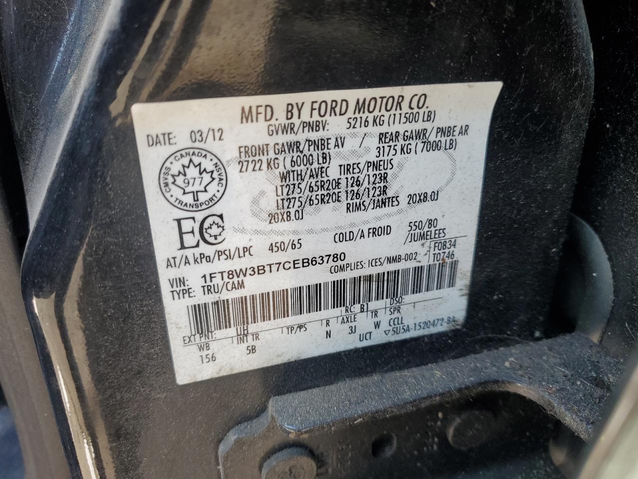 2012 Ford F350 Super Duty VIN: 1FT8W3BT7CEB63780 Lot: 54725715