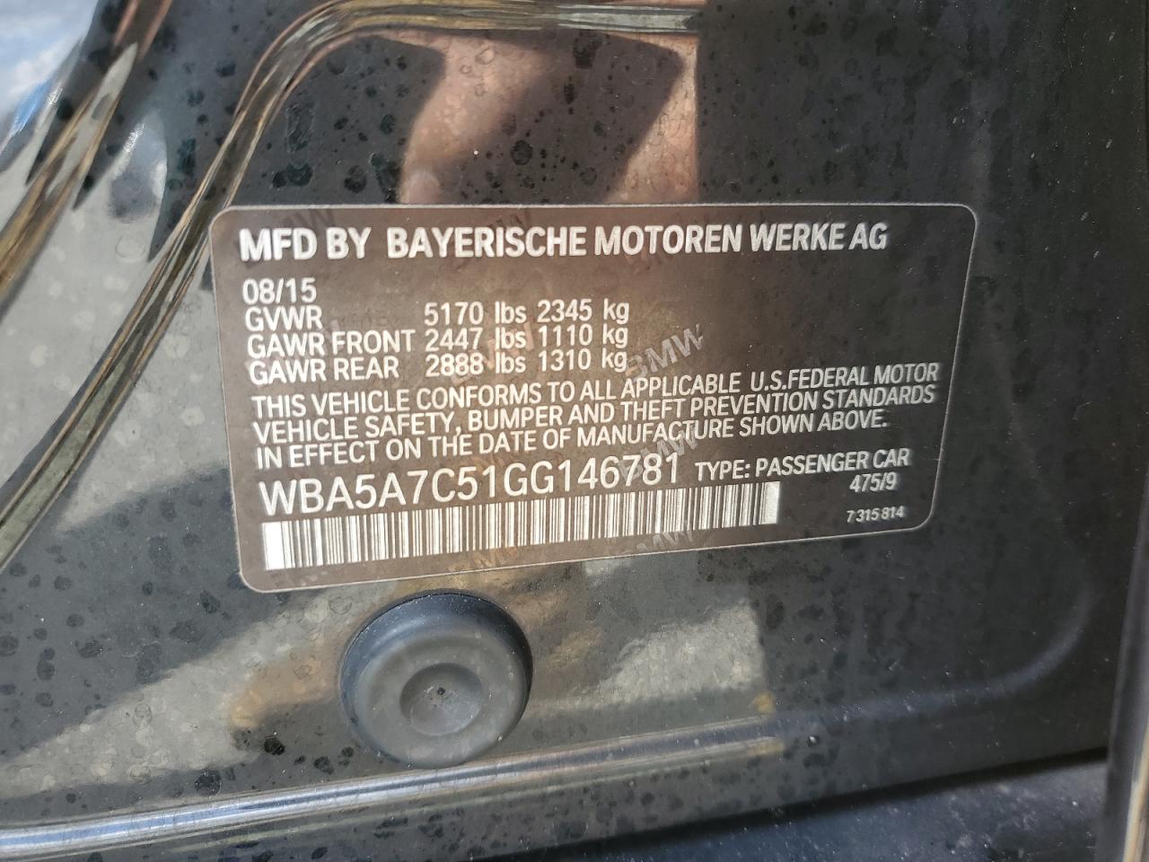 2016 BMW 528 Xi VIN: WBA5A7C51GG146781 Lot: 52380715