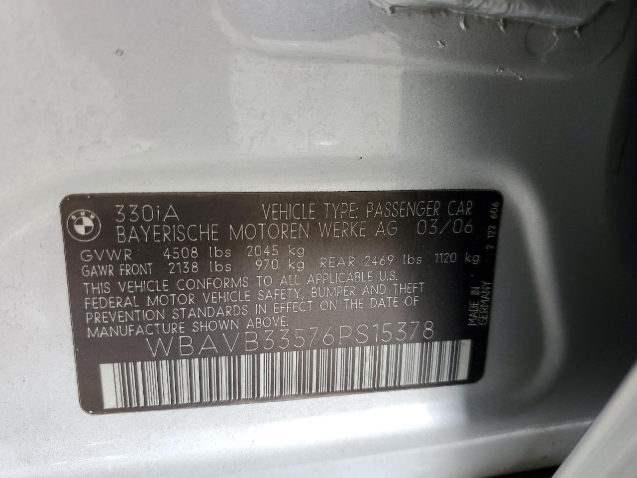2006 BMW 330 I VIN: WBAVB33576PS15378 Lot: 53889675