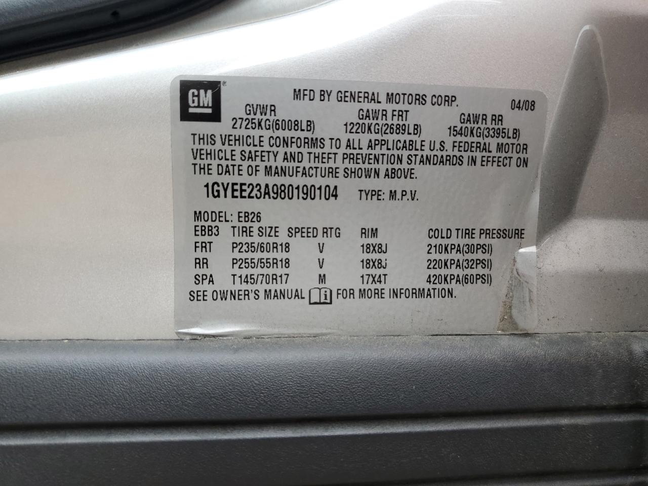 2008 Cadillac Srx VIN: 1GYEE23A980190104 Lot: 51999605