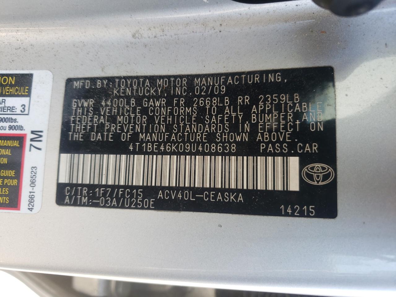 2009 Toyota Camry Base VIN: 4T1BE46K09U408638 Lot: 54678645