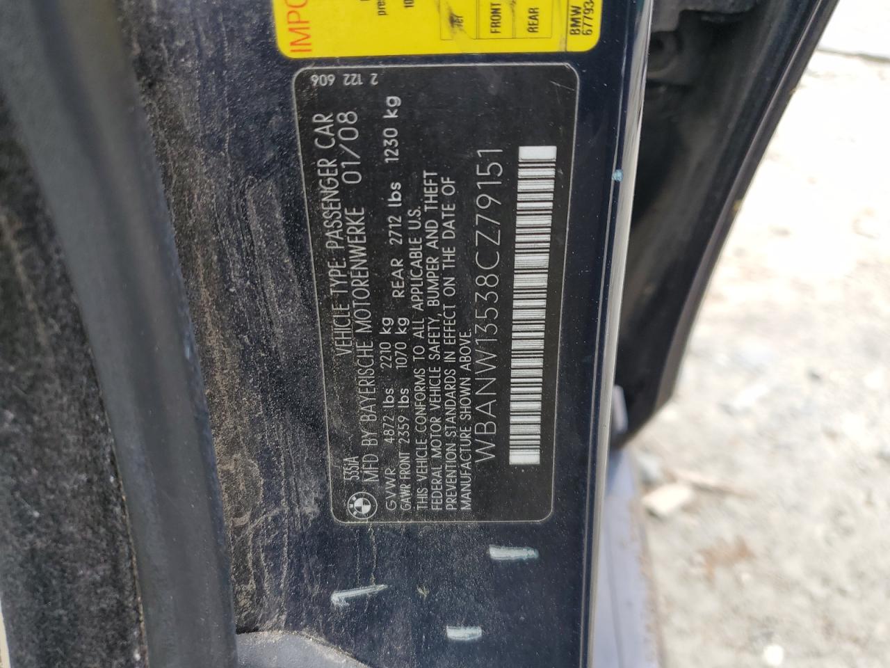 2008 BMW 535 I VIN: WBANW13538CZ79151 Lot: 52377325