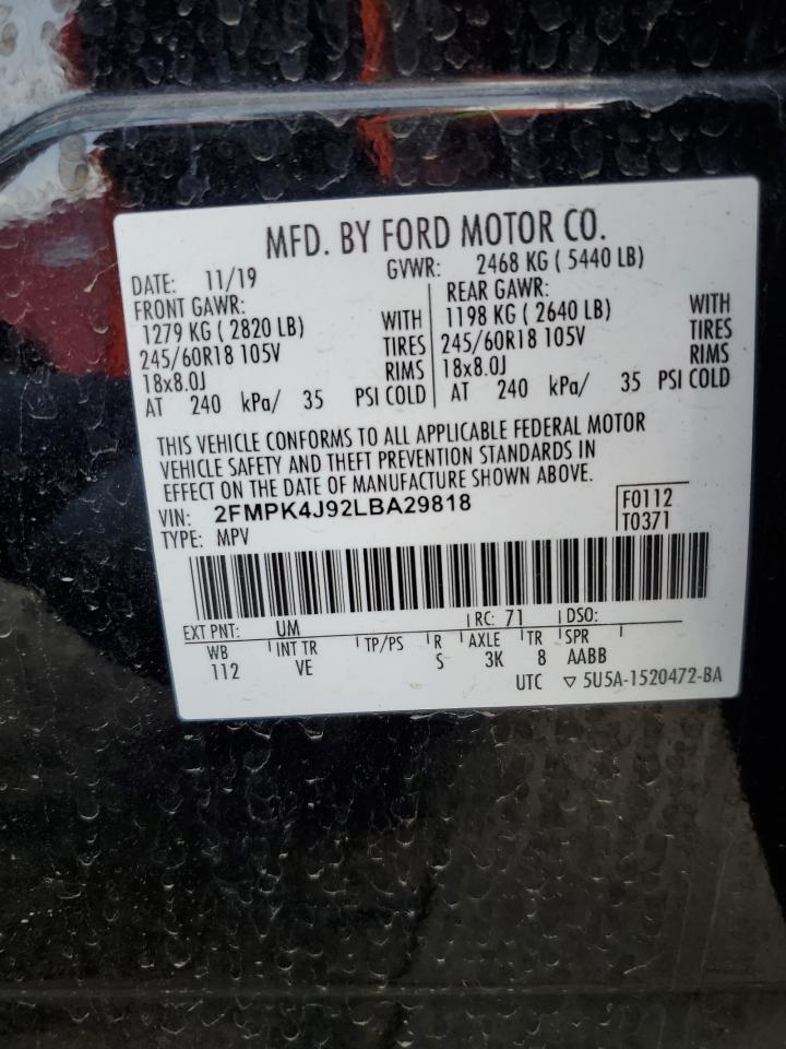 2020 Ford Edge Sel VIN: 2FMPK4J92LBA29818 Lot: 54820985