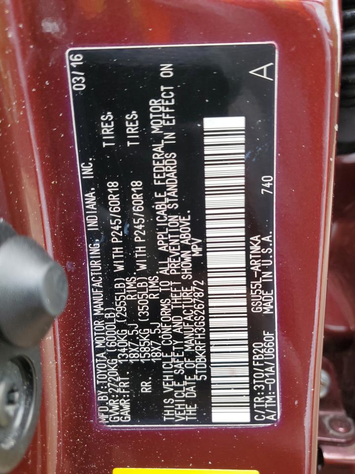 2016 Toyota Highlander Le VIN: 5TDBKRFH3GS267872 Lot: 54927215