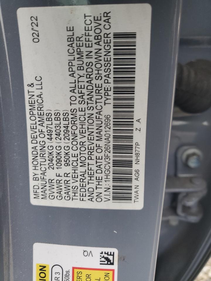 2022 Honda Accord Hybrid Sport VIN: 1HGCV3F26NA012696 Lot: 51742975